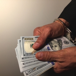 person in handcuffs holding $100 bills