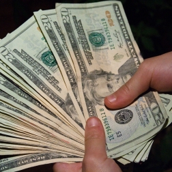 numerous twenty dollar bills spread out in hand