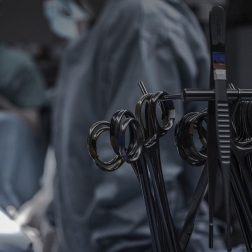 close-up on surgical tools in operating room